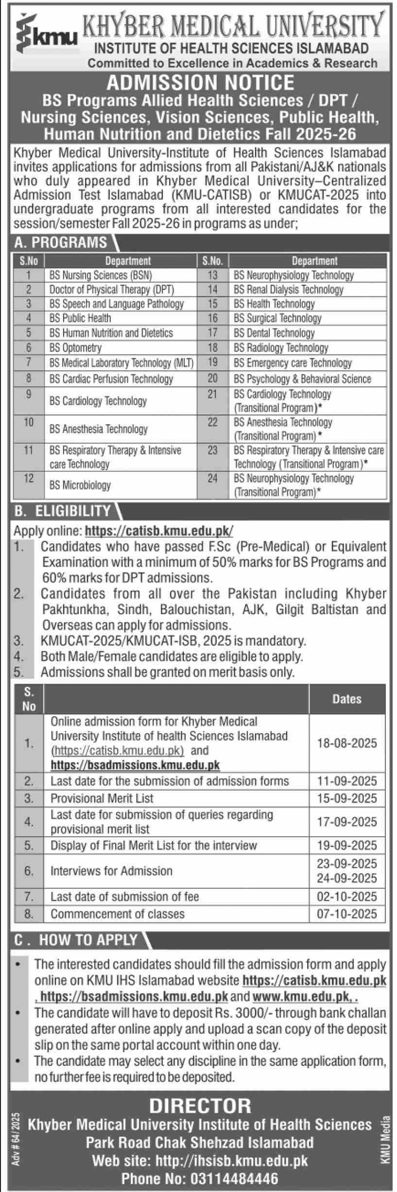 Admission Open in Khyber Medical University Islamabad